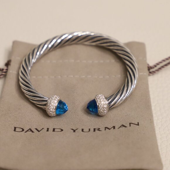 David Yurman Sterling Silver 7mm Candy Cable Bracelet Blue Topaz with Diamonds - Picture 2 of 5